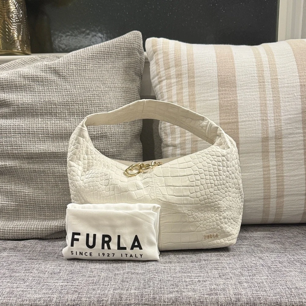 Furla Cream/ White Croc-Embossed Hobo Bag with Furla Dust Bag